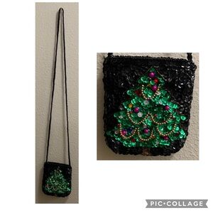 Christmas Tree Sequins Beads Holiday Crossbody Purse Bag Black Green Gold Zipper